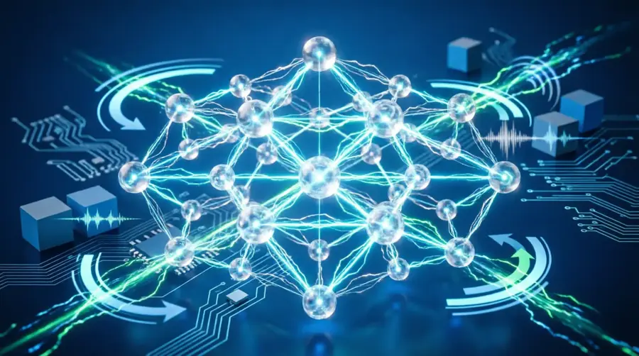 граф знаний (Knowledge Graph) на печатной плате символизирует архитектуру данных и edge-computing