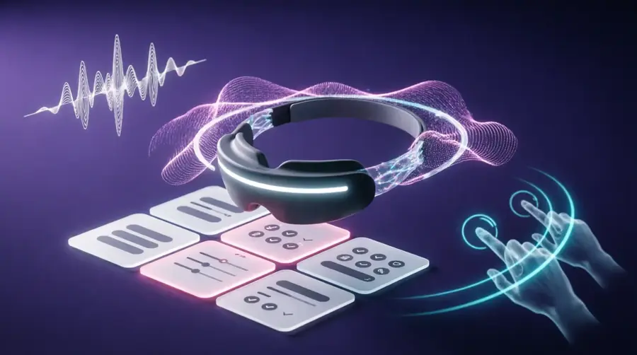 BCI-гарнитура с UI-паттернами и голосовыми волнами тема адаптивных интерфейсов