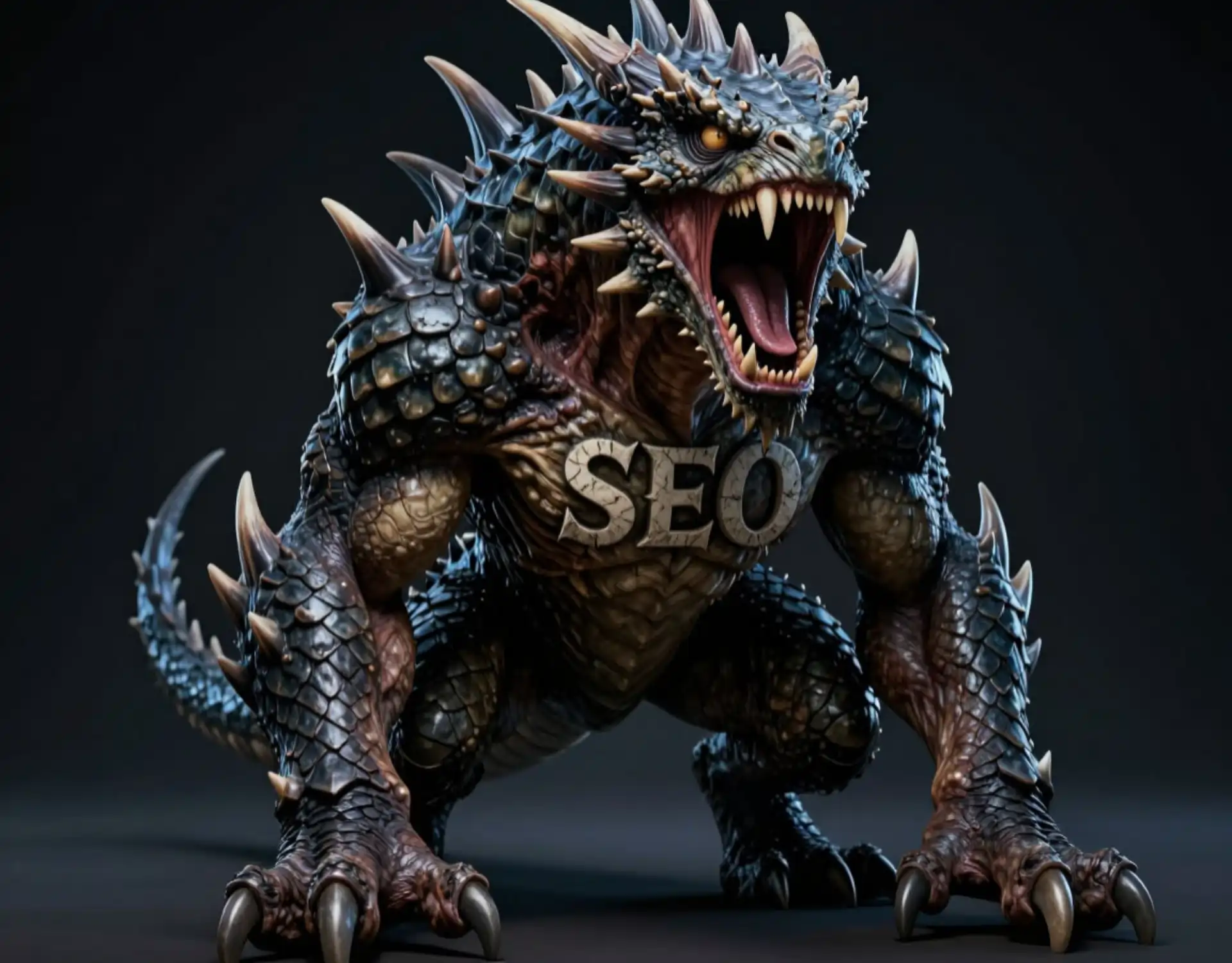 Мифическое чудовище с надписью SEO на груди