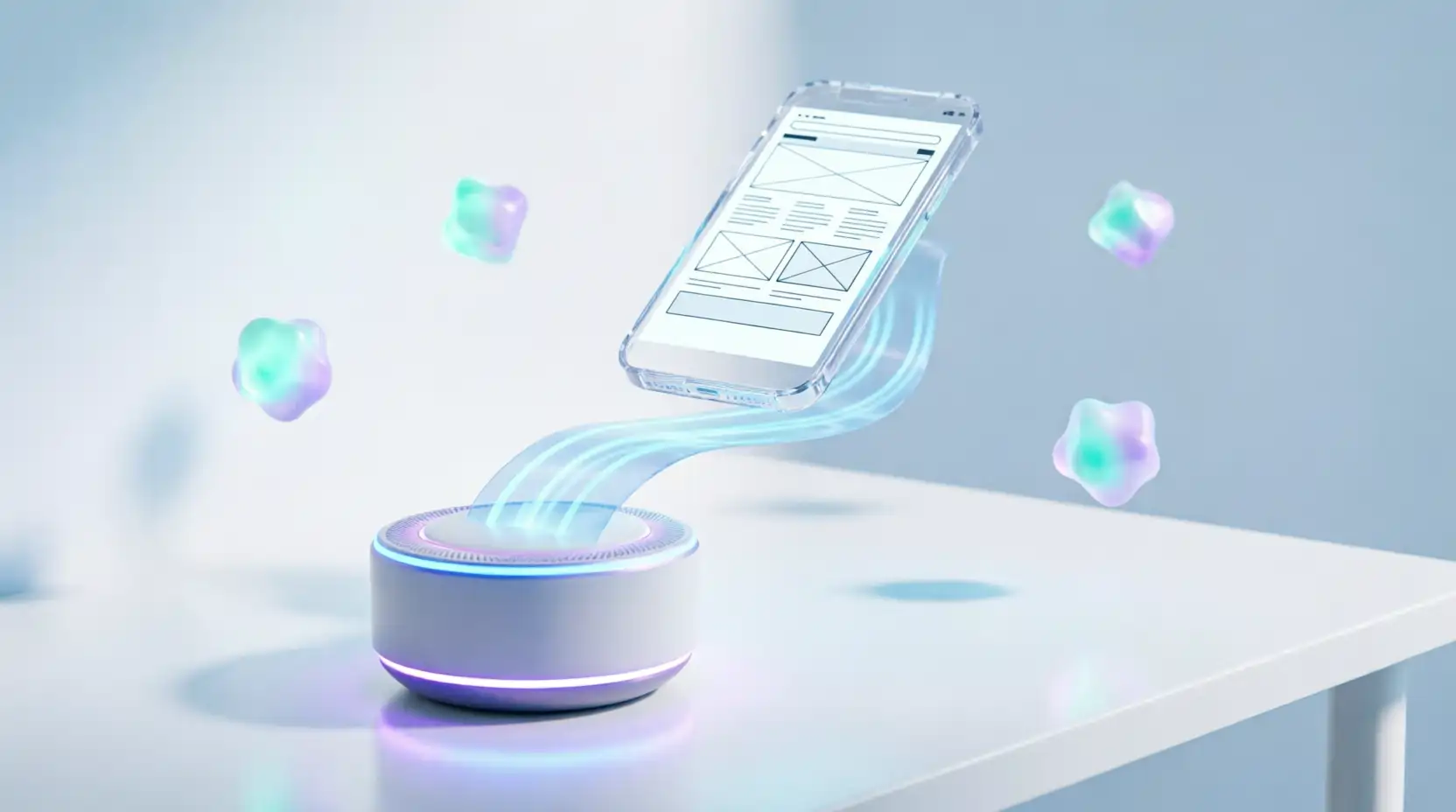 Футуристичная 3D-композиция: умная колонка передаёт данные на смартфон