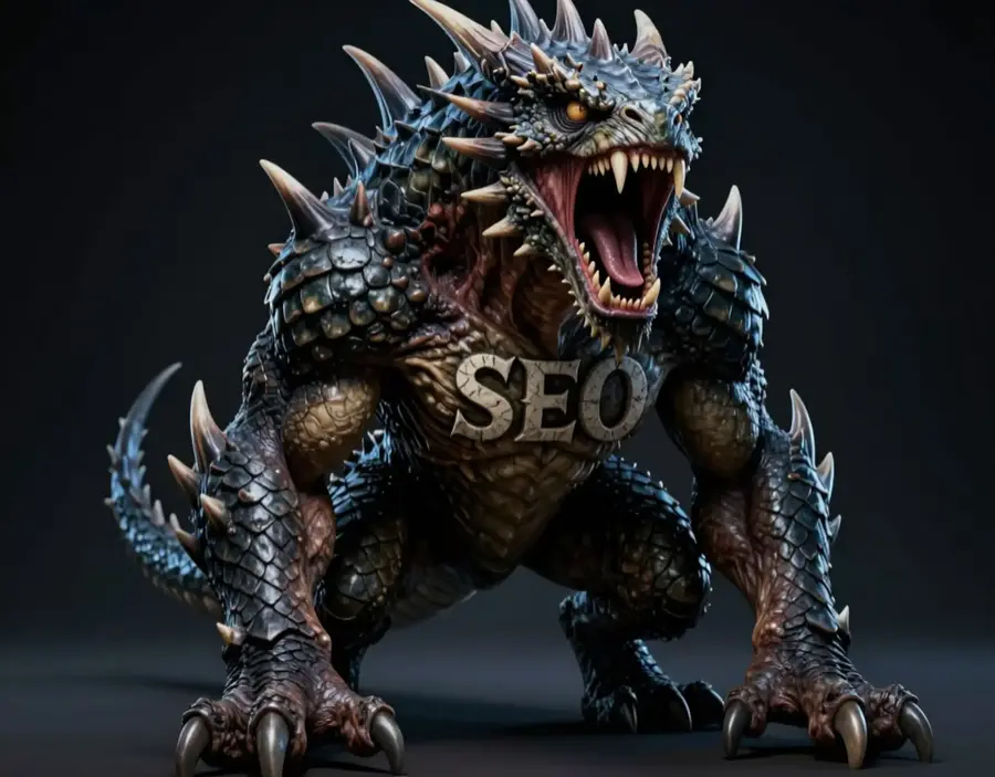Мифическое чудовище с надписью SEO на груди