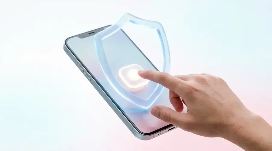Mobile-first индексация и HTTPS защита сайта Современный смартфон с прозрачным защитным щитом HTTPS