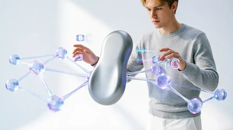 абстрактная светящаяся сеть нейронных узлов соединена с лаконичной 3D-моделью товара
