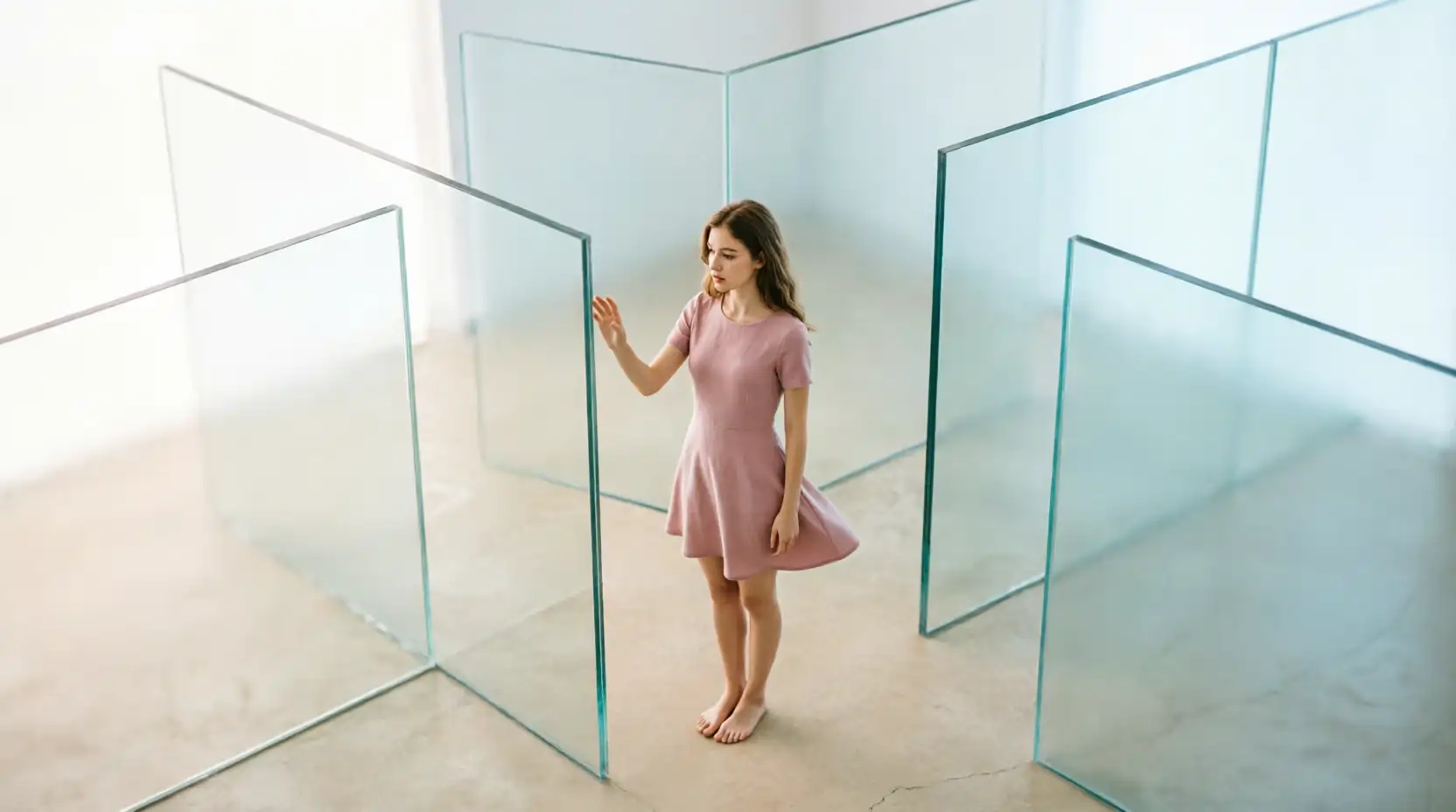 молодая женщина стоит в коридоре из прозрачных стеклянных стен, символизирующих невидимые барьеры сайта, которые мешают клиенту совершить покупку
