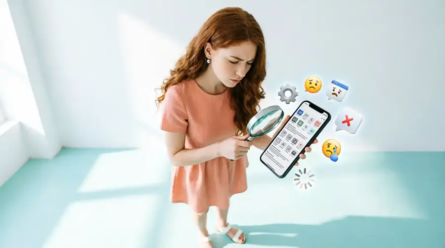женщина разглядывает через лупу экран смартфона с мелкими элементами интерфейса