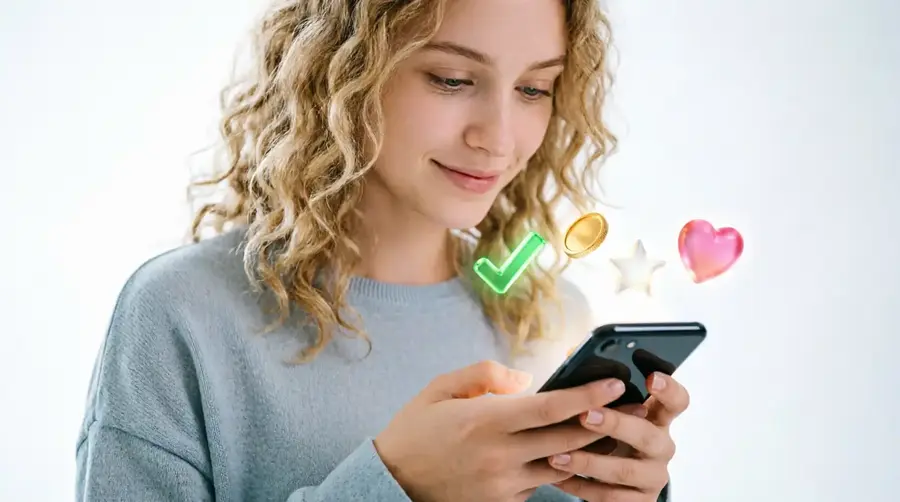 Микрозадачи и подработка Девушка выполняет задания в смартфоне. Галочка, монетка и лайк