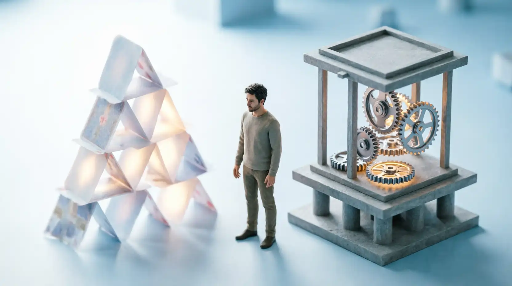 3D-рендер: хрупкий домик против надежного механизма.