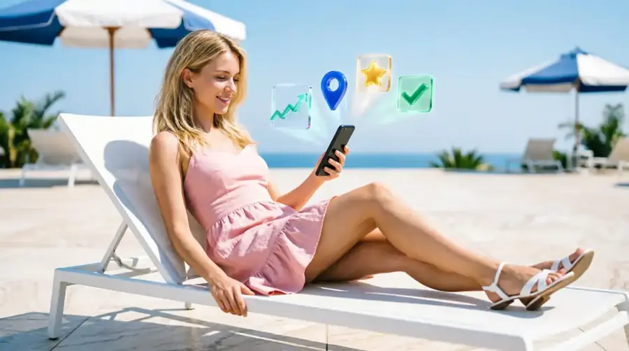 девушка в стильном коротком платье расслабленно пользуется смартфоном
