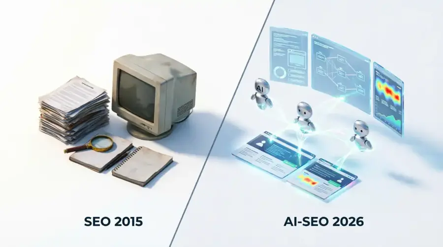 3D-изометрический сплит-экран «AI-SEO 2026» с элегантной голографической панелью управления